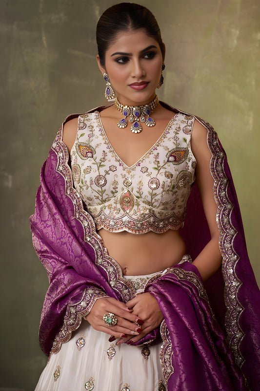 Stylish Beige Embroidered Tissue Lehenga Choli with Purple Dupatta for Wedding