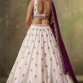 Stylish Beige Embroidered Tissue Lehenga Choli with Purple Dupatta for Wedding