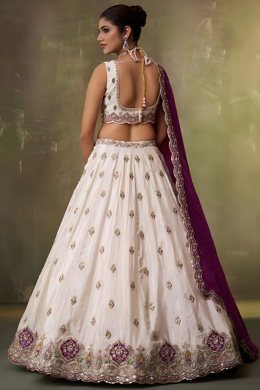 Stylish Beige Embroidered Tissue Lehenga Choli with Purple Dupatta for Wedding