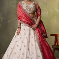 Fancy Beige Embroidered Tissue Lehenga Choli with Red Dupatta for Wedding