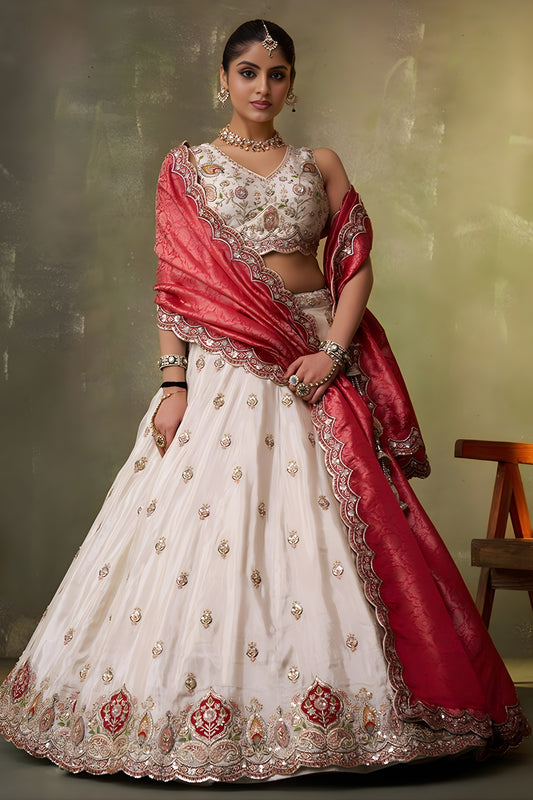 Fancy Beige Embroidered Tissue Lehenga Choli with Red Dupatta for Wedding