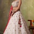 Fancy Beige Embroidered Tissue Lehenga Choli with Red Dupatta for Wedding