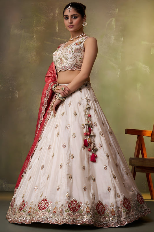 Fancy Beige Embroidered Tissue Lehenga Choli with Red Dupatta for Wedding