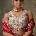 Fancy Beige Embroidered Tissue Lehenga Choli with Red Dupatta for Wedding