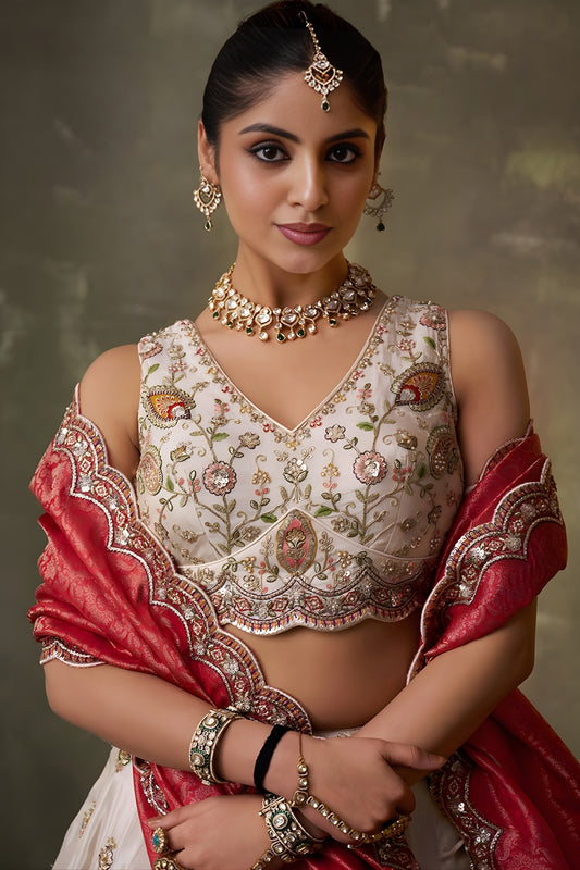 Fancy Beige Embroidered Tissue Lehenga Choli with Red Dupatta for Wedding