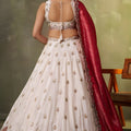 Fancy Beige Embroidered Tissue Lehenga Choli with Red Dupatta for Wedding