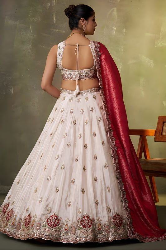 Fancy Beige Embroidered Tissue Lehenga Choli with Red Dupatta for Wedding