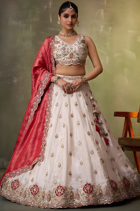 Fancy Beige Embroidered Tissue Lehenga Choli with Red Dupatta for Wedding