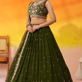 Trendy Olive Green Georgette Floral Embroidered Lehenga Choli Set with Dupatta for Wedding