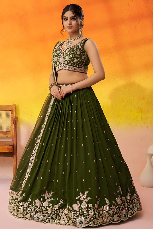 Trendy Olive Green Georgette Floral Embroidered Lehenga Choli Set with Dupatta for Wedding