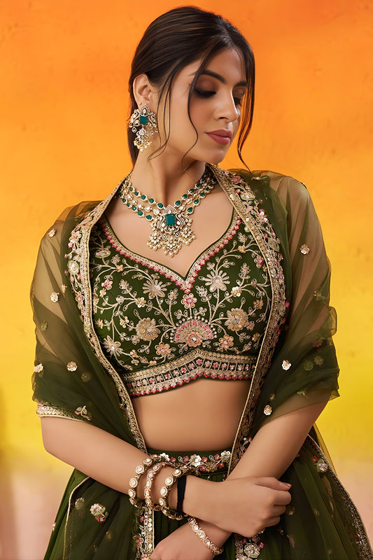Trendy Olive Green Georgette Floral Embroidered Lehenga Choli Set with Dupatta for Wedding