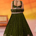 Trendy Olive Green Georgette Floral Embroidered Lehenga Choli Set with Dupatta for Wedding