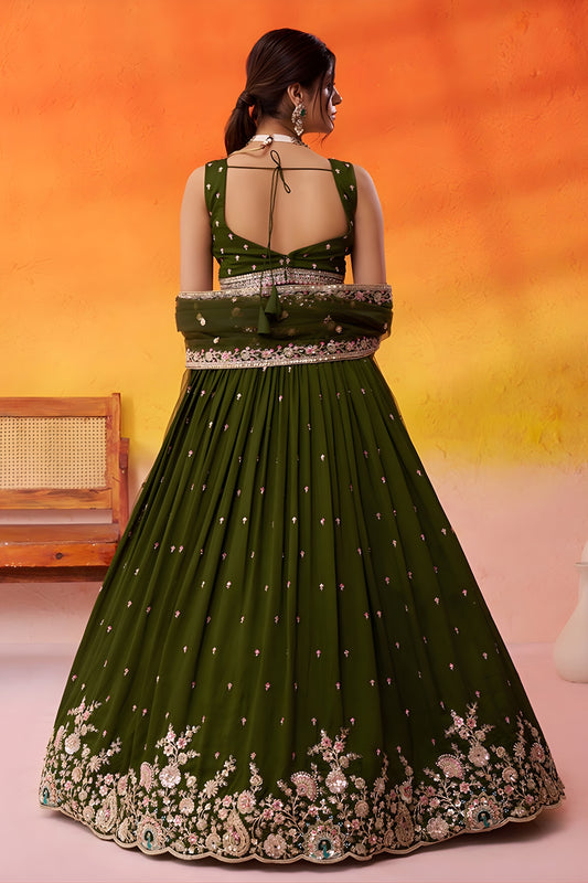 Trendy Olive Green Georgette Floral Embroidered Lehenga Choli Set with Dupatta for Wedding