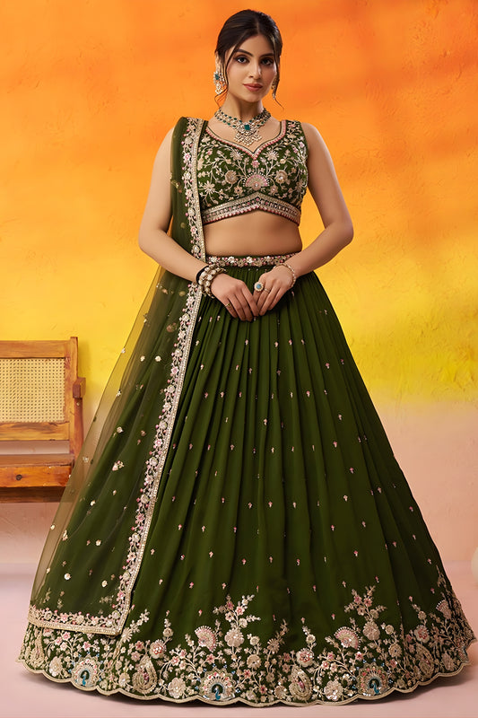 Trendy Olive Green Georgette Floral Embroidered Lehenga Choli Set with Dupatta for Wedding