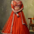 Perfect Orange Georgette Floral Embroidered Lehenga Choli Set with Dupatta for Wedding