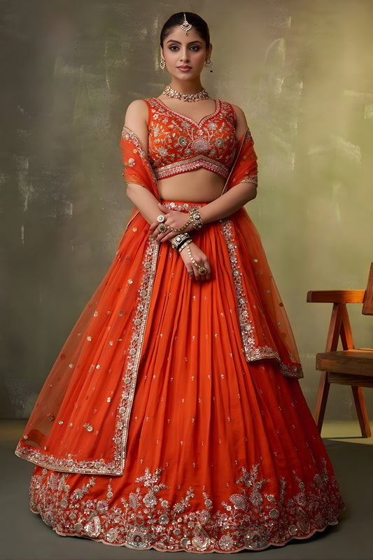 Perfect Orange Georgette Floral Embroidered Lehenga Choli Set with Dupatta for Wedding
