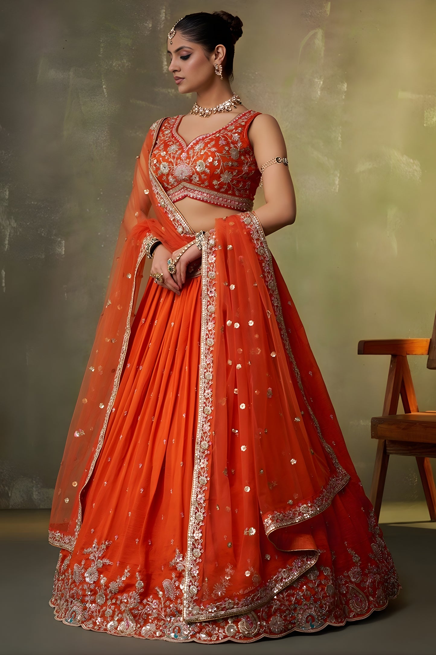 Perfect Orange Georgette Floral Embroidered Lehenga Choli Set with Dupatta for Wedding