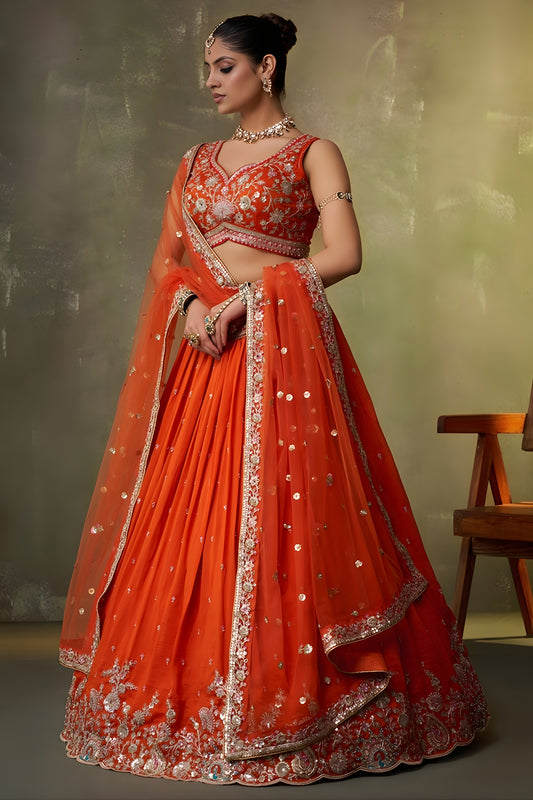 Perfect Orange Georgette Floral Embroidered Lehenga Choli Set with Dupatta for Wedding
