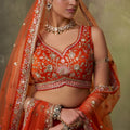 Perfect Orange Georgette Floral Embroidered Lehenga Choli Set with Dupatta for Wedding