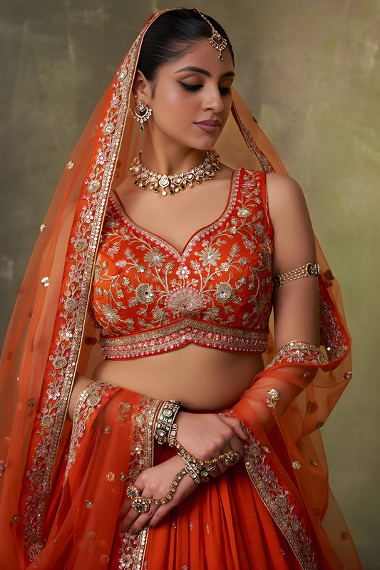 Perfect Orange Georgette Floral Embroidered Lehenga Choli Set with Dupatta for Wedding
