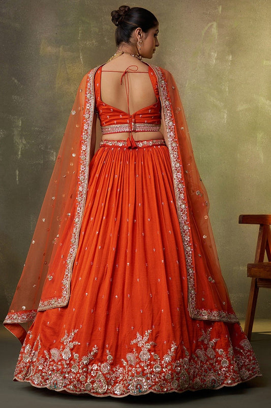 Perfect Orange Georgette Floral Embroidered Lehenga Choli Set with Dupatta for Wedding