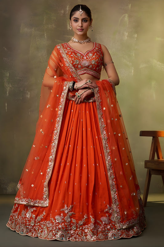 Perfect Orange Georgette Floral Embroidered Lehenga Choli Set with Dupatta for Wedding