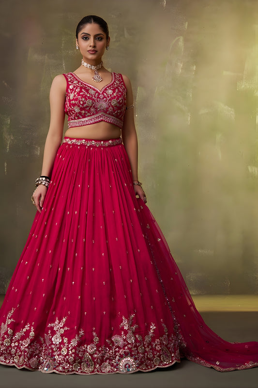 Wonderful Rani Pink Georgette Floral Embroidered Lehenga Choli Set with Dupatta for Wedding