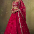 Wonderful Rani Pink Georgette Floral Embroidered Lehenga Choli Set with Dupatta for Wedding