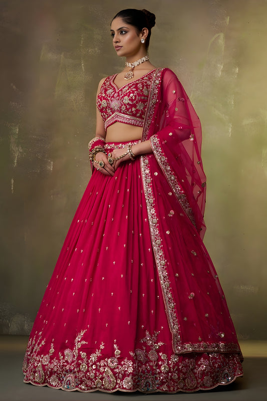 Wonderful Rani Pink Georgette Floral Embroidered Lehenga Choli Set with Dupatta for Wedding