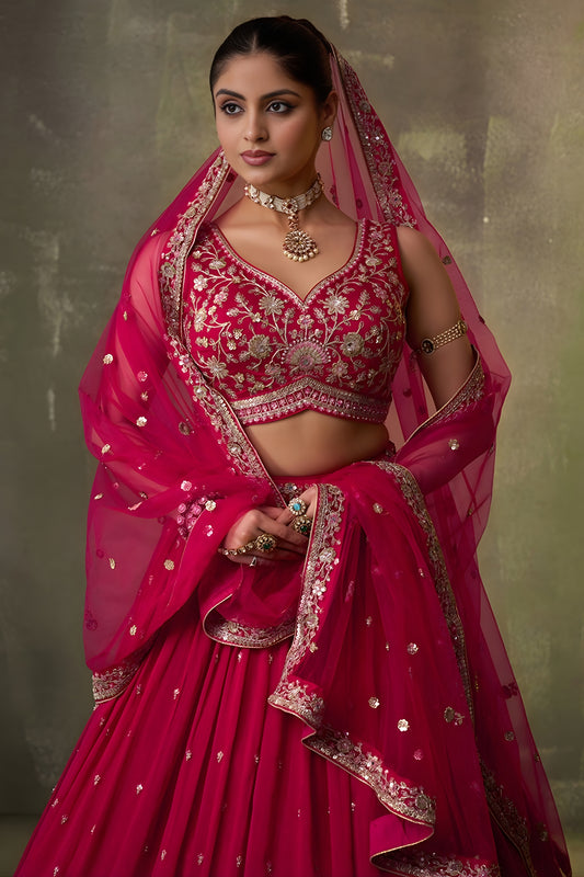 Wonderful Rani Pink Georgette Floral Embroidered Lehenga Choli Set with Dupatta for Wedding