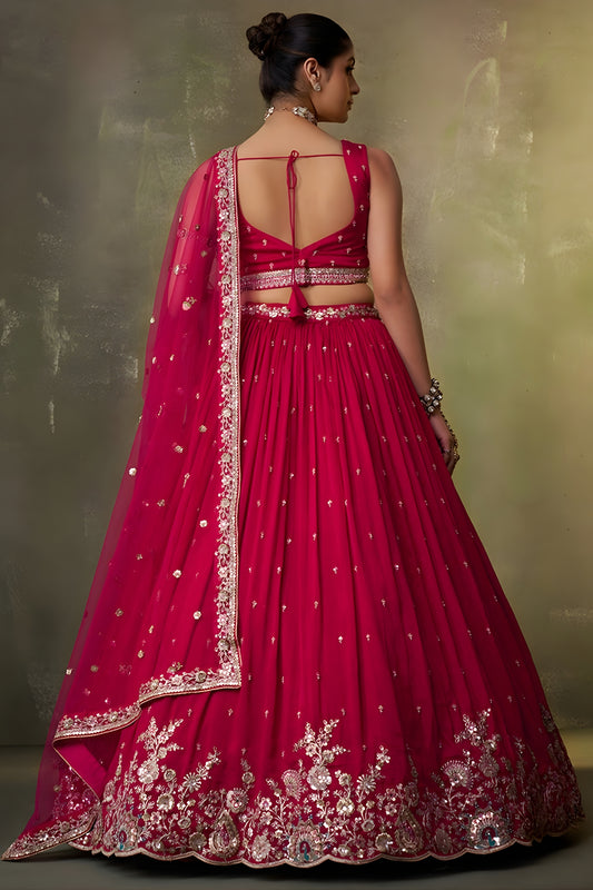 Wonderful Rani Pink Georgette Floral Embroidered Lehenga Choli Set with Dupatta for Wedding