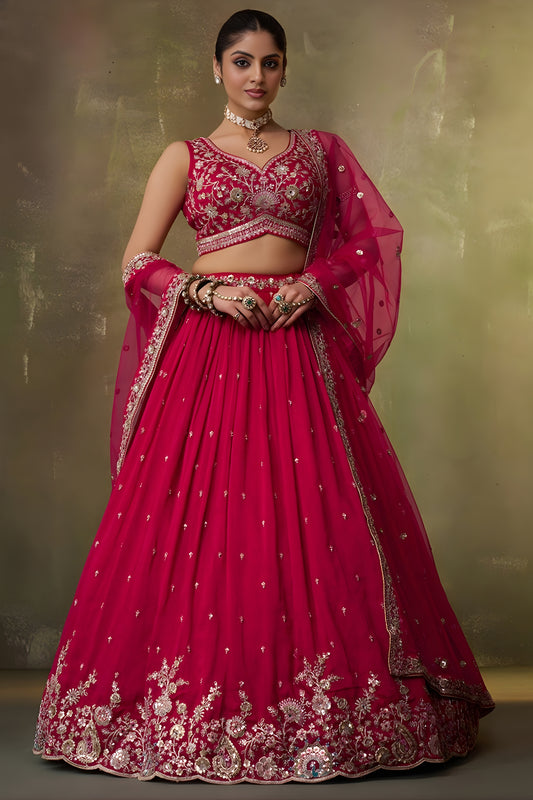 Wonderful Rani Pink Georgette Floral Embroidered Lehenga Choli Set with Dupatta for Wedding