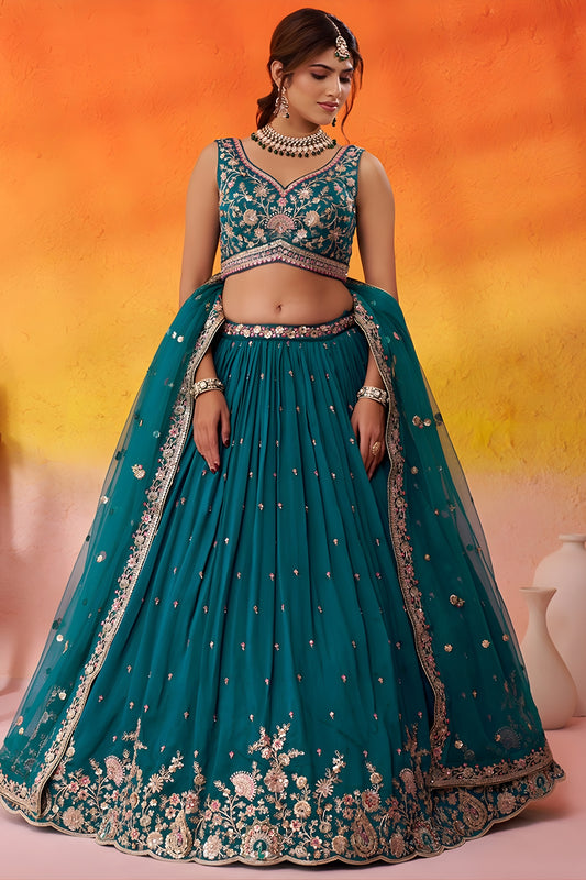 Imperial Teal Green Georgette Embroidered Lehenga Choli with Net Dupatta for Wedding