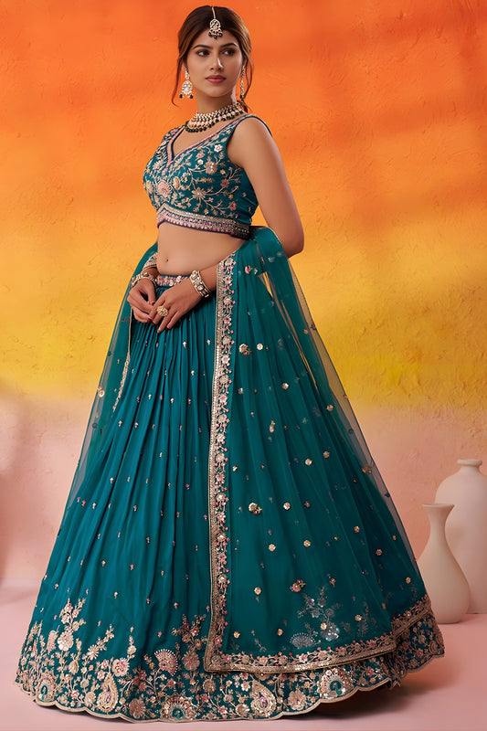 Imperial Teal Green Georgette Embroidered Lehenga Choli with Net Dupatta for Wedding
