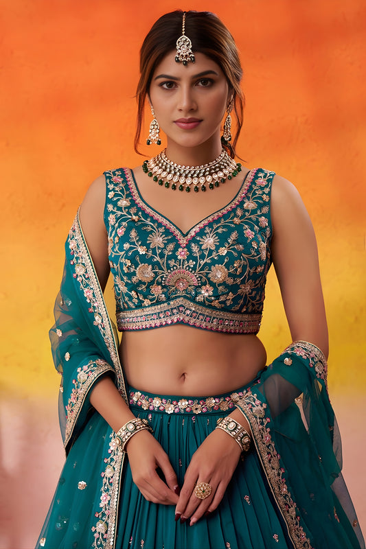 Imperial Teal Green Georgette Embroidered Lehenga Choli with Net Dupatta for Wedding