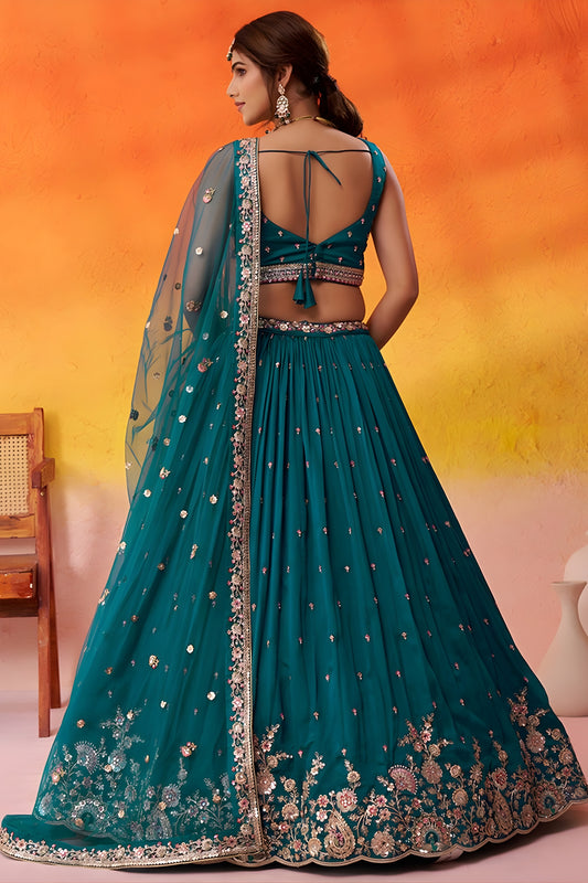 Imperial Teal Green Georgette Embroidered Lehenga Choli with Net Dupatta for Wedding