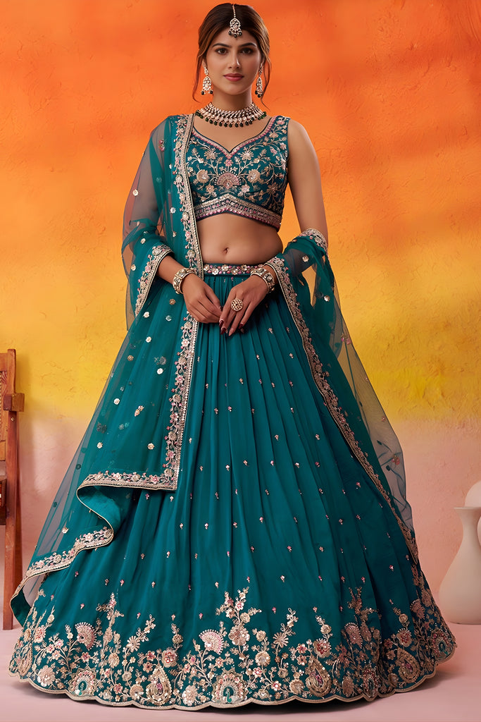 Imperial Teal Green Georgette Embroidered Lehenga Choli with Net Dupatta for Wedding