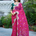 Rani Pink Bandhani Print Chiffon Saree with Lace Border