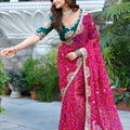 Rani Pink Bandhani Print Chiffon Saree with Lace Border