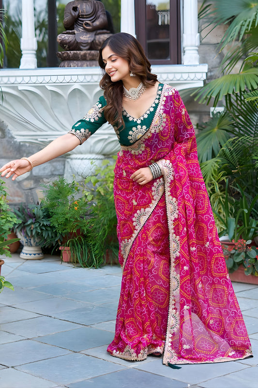 Rani Pink Bandhani Print Chiffon Saree with Lace Border