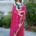 Rani Pink Bandhani Print Chiffon Saree with Lace Border