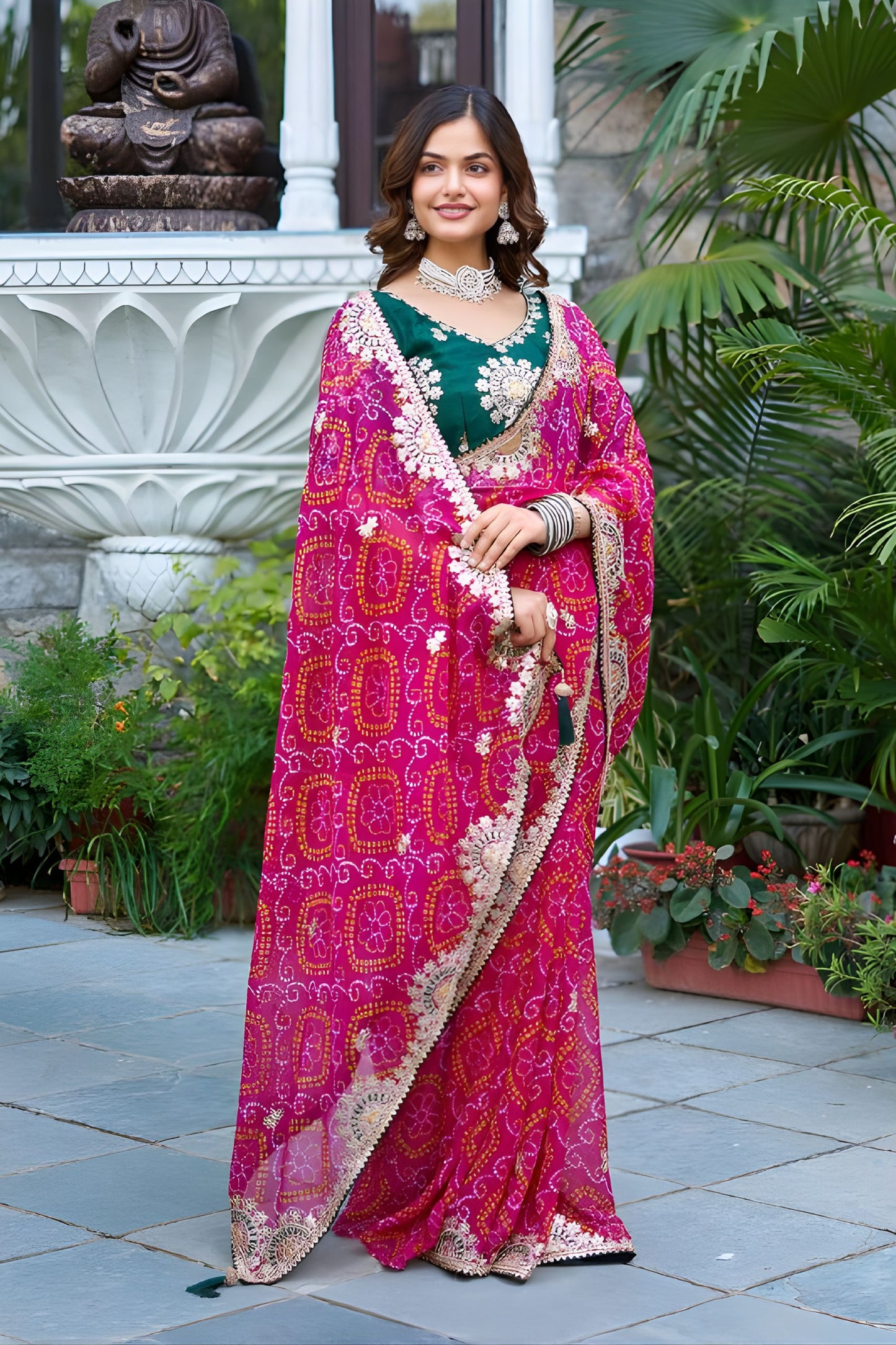 Rani Pink Bandhani Print Chiffon Saree with Lace Border