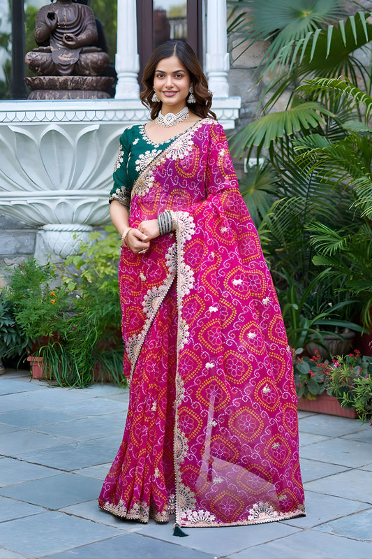 Rani Pink Bandhani Print Chiffon Saree with Lace Border