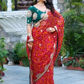 Red Bandhani Print Chiffon Saree with Embroidered Lace Border