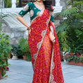 Red Bandhani Print Chiffon Saree with Embroidered Lace Border