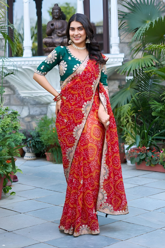 Red Bandhani Print Chiffon Saree with Embroidered Lace Border