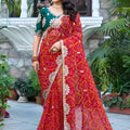 Red Bandhani Print Chiffon Saree with Embroidered Lace Border 