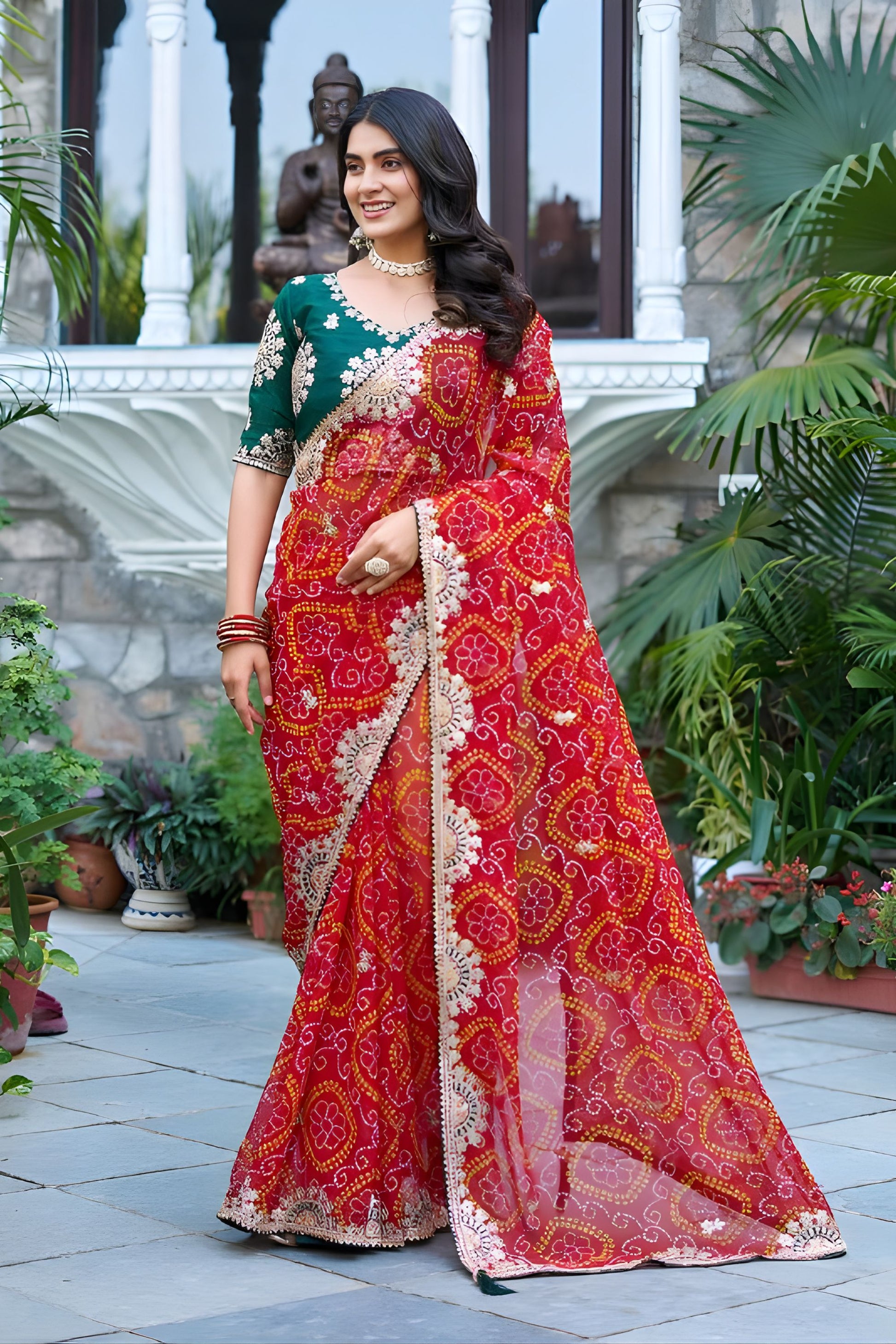 Red Bandhani Print Chiffon Saree with Embroidered Lace Border 