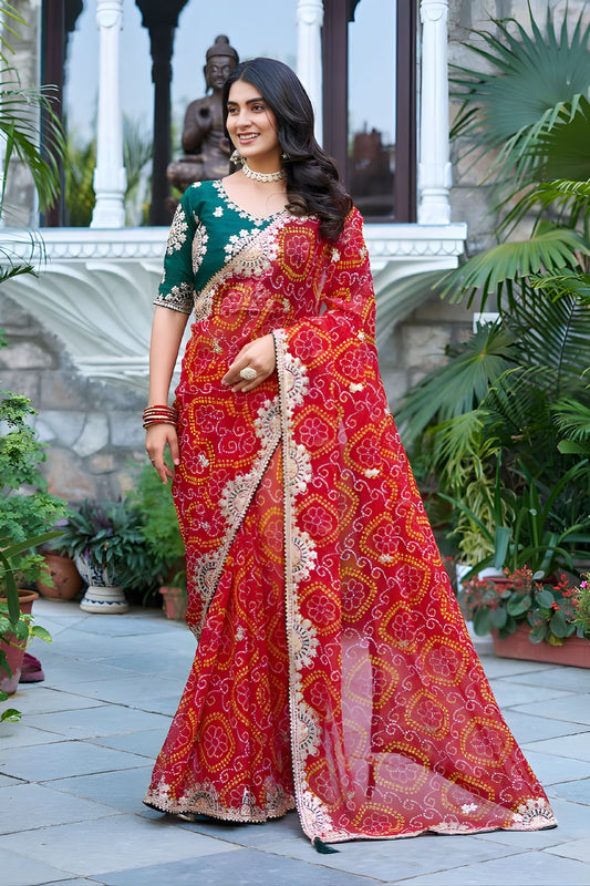 Red Bandhani Print Chiffon Saree with Embroidered Lace Border 