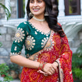 Red Bandhani Print Chiffon Saree with Embroidered Lace Border